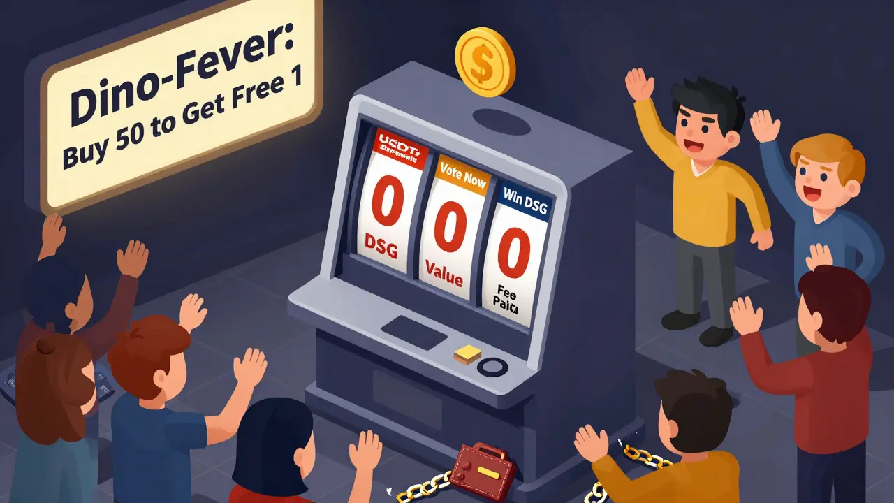 Игровой автомат с надписями 'USDT', 'Vote', 'Win DSG' — выигрыш: 0 токенов и комиссия.