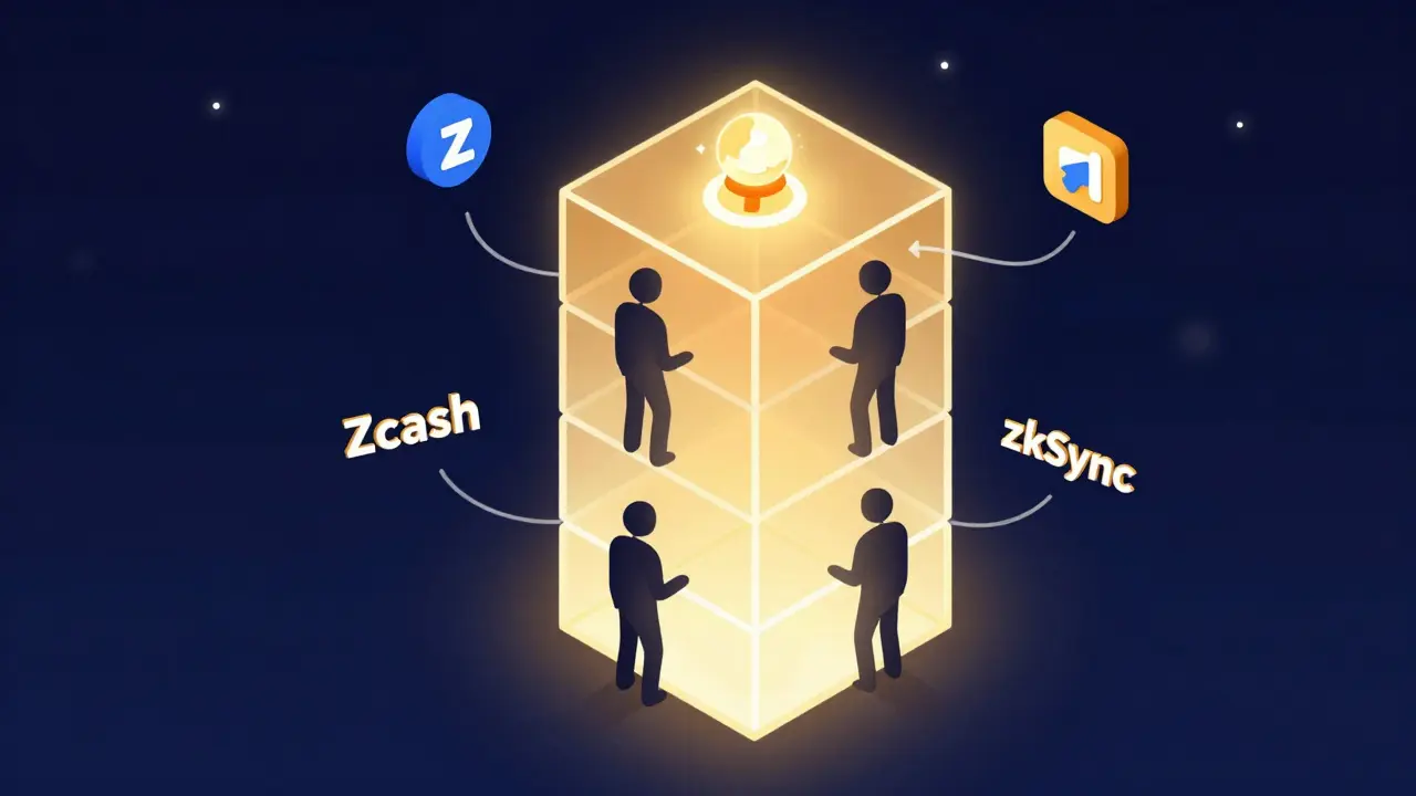 Изометрическая иллюстрация блокчейна с приватными транзакциями и zk-SNARK доказательством.