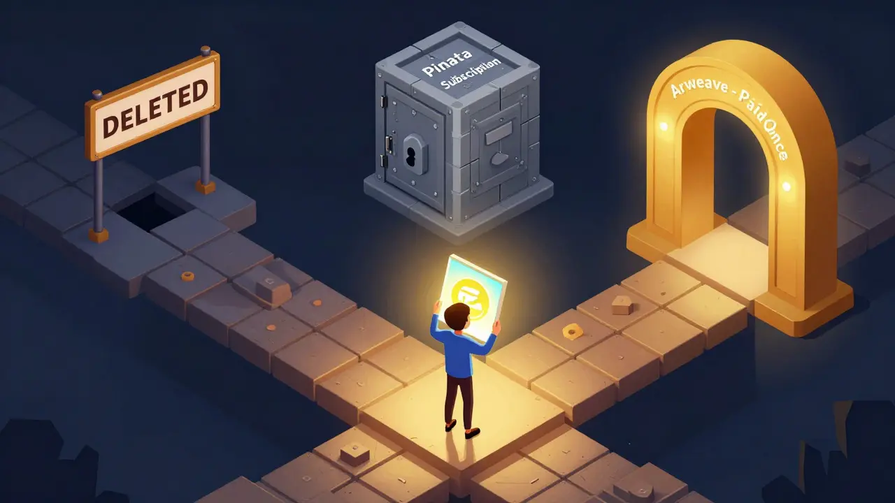 Изометрическая иллюстрация: человек на мосту из блокчейна с тремя путями хранения NFT.