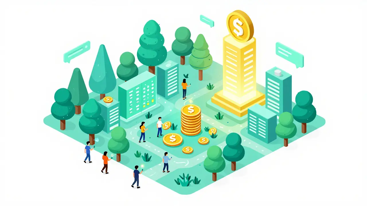 Изометрическая иллюстрация: город из деревьев и монет SEED, где пользователи собирают награды, а вдалеке — башня блокчейна Sui.