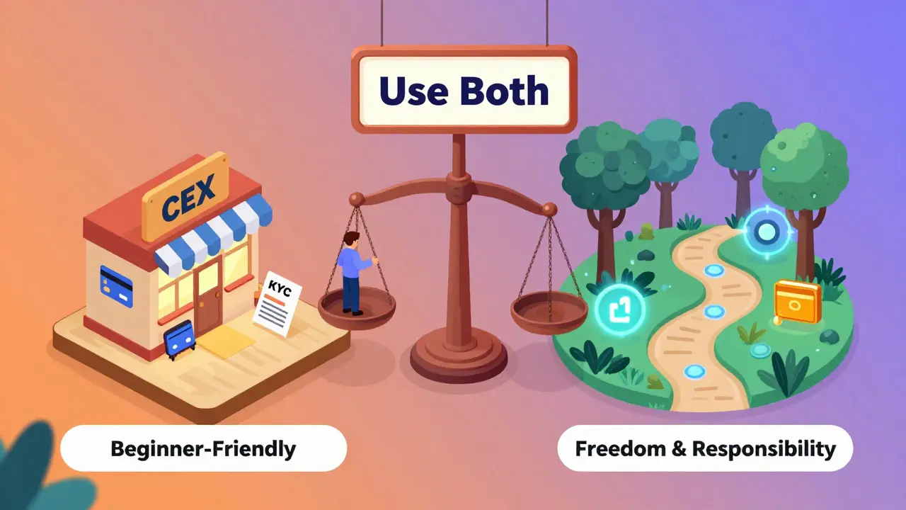 Изометрическая иллюстрация: пользователь стоит между путями CEX и DEX, символизируя выбор между удобством и свободой.