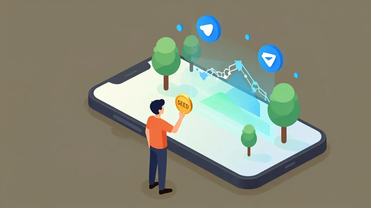 Изометрическая иллюстрация: пользователь стоит на пороге между обычным телефоном и миром Web3, полным деревьев и блокчейн-цепей.