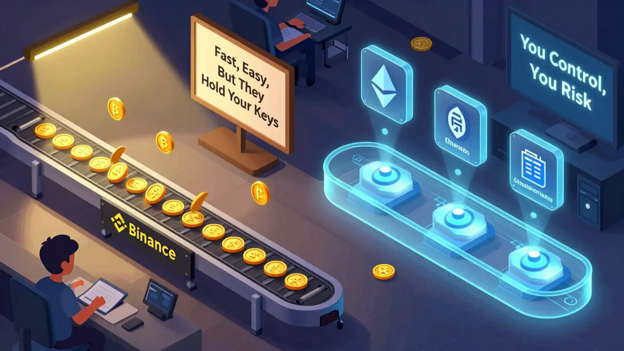 Изометрическая иллюстрация: сравнение быстрого потока токенов на CEX и медленного, прозрачного процесса на DEX с газовыми сборами.