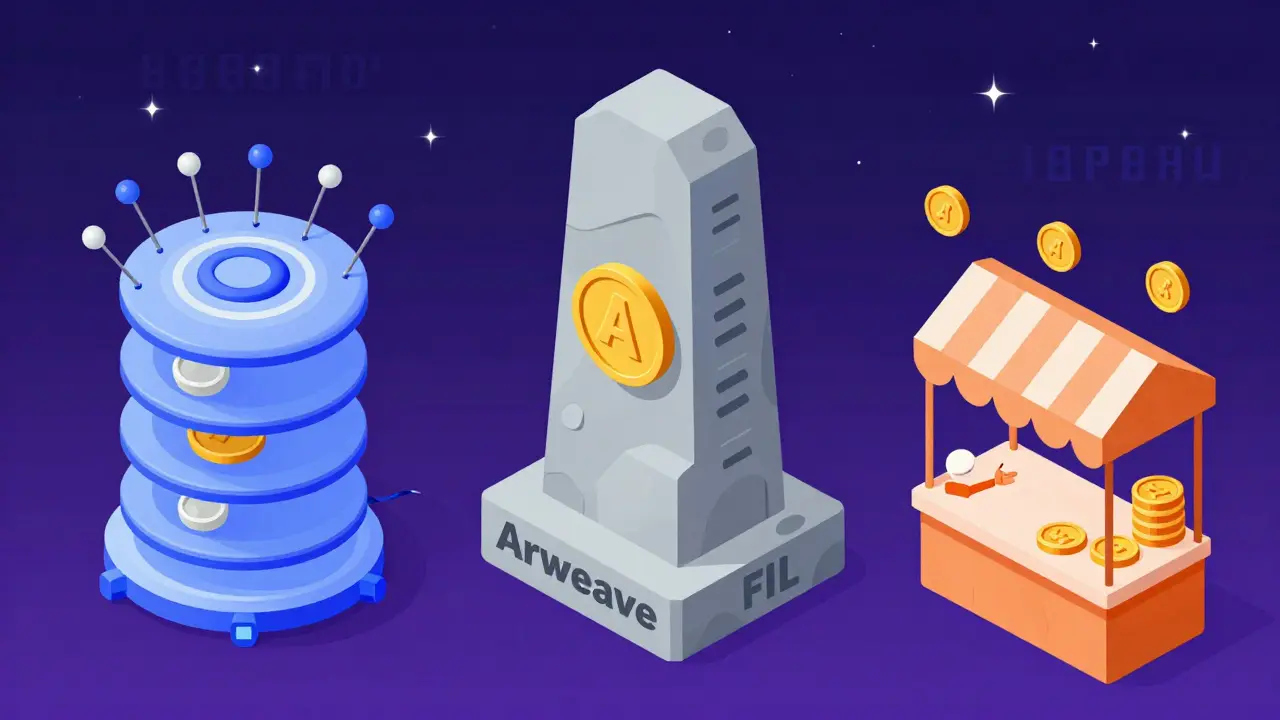 Изометрическая иллюстрация: три системы хранения NFT — IPFS, Arweave и Filecoin — в цифровой библиотеке.