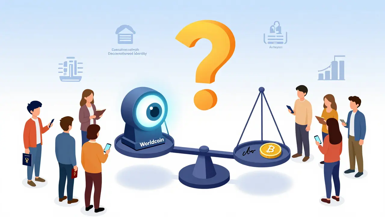 Изометрическая иллюстрация: весы между биометрией и децентрализованной идентичностью в блокчейне