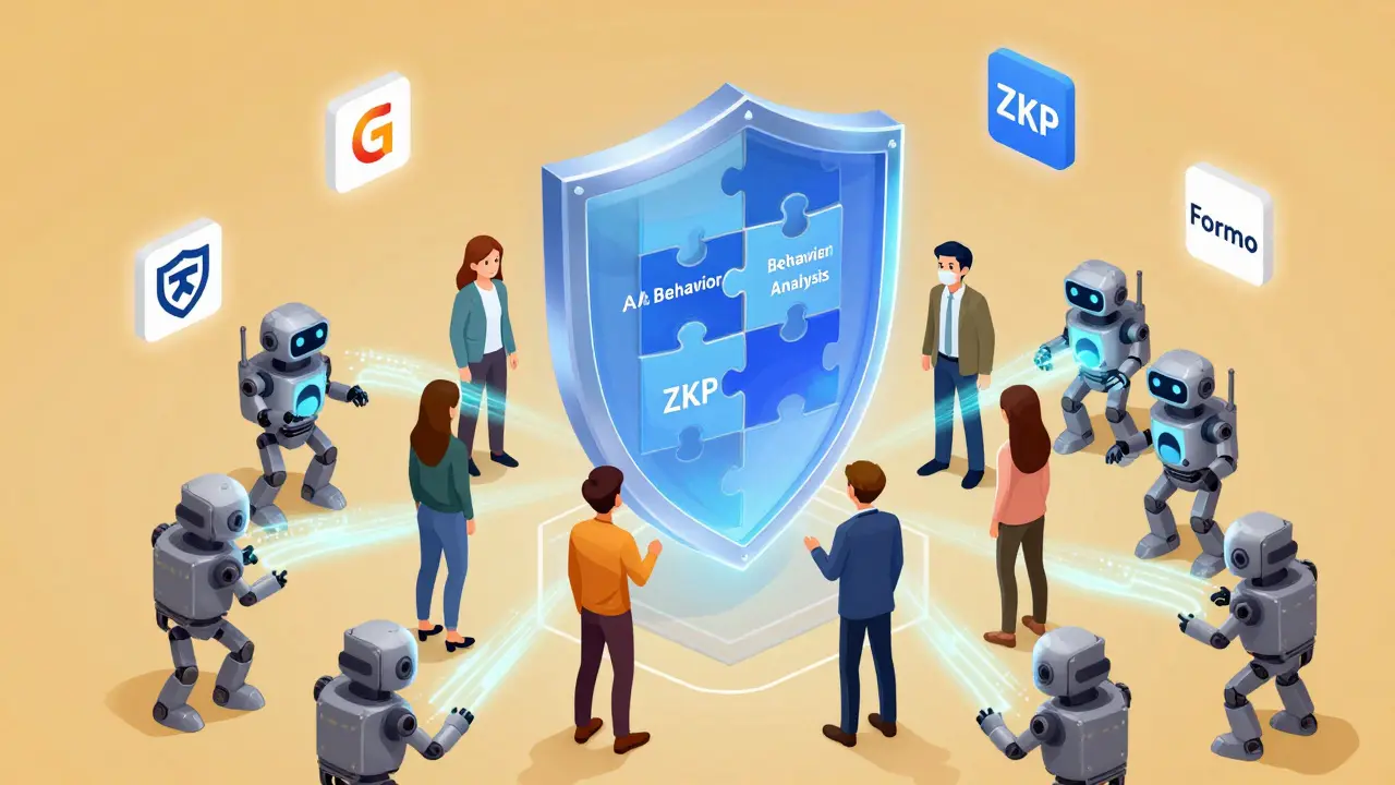 Изометрическая иллюстрация: защитная система блокчейна из AI, токен-гейтинга и ZKP отражает ботов