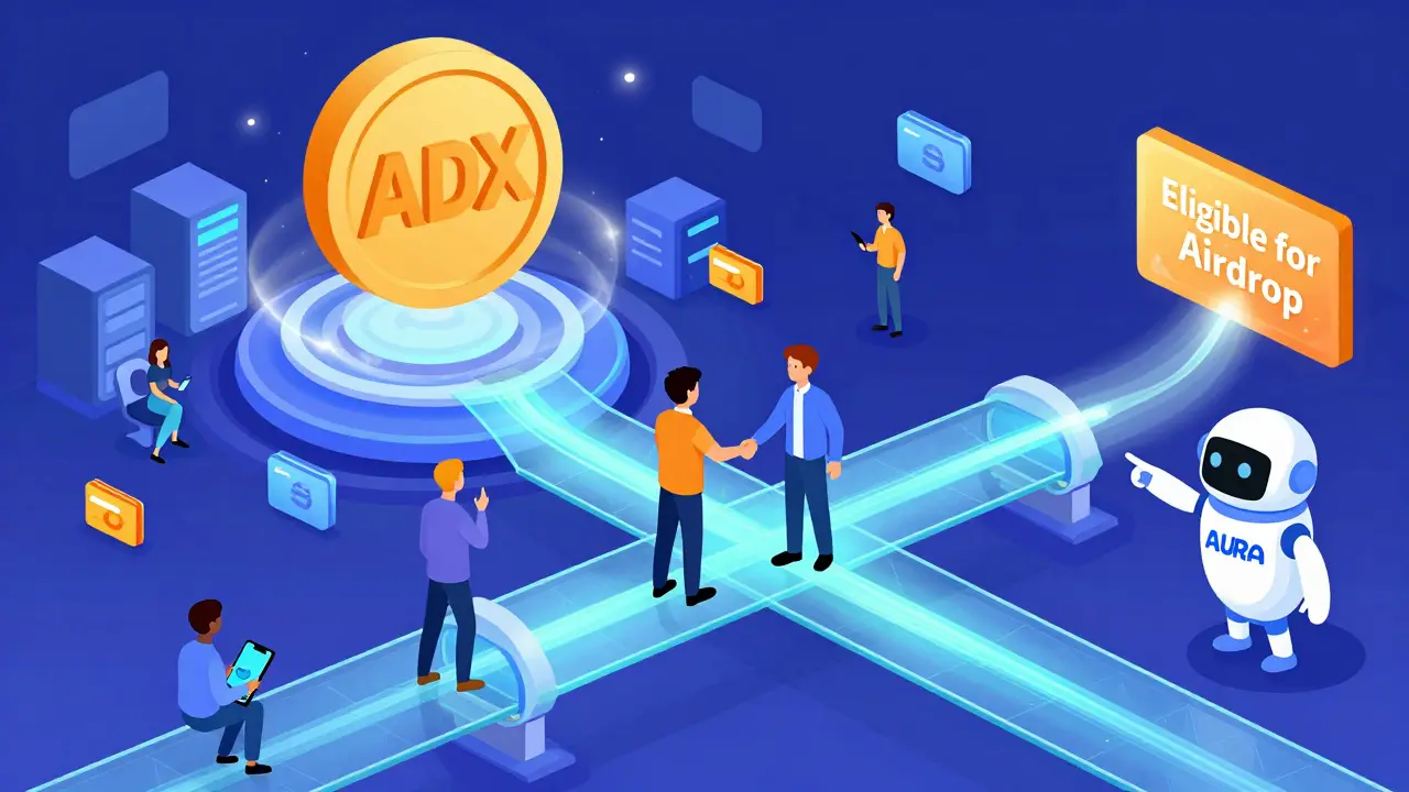 Изометрическая сцена экосистемы AdEx: рекламодатели и издатели взаимодействуют через блокчейн, а ИИ-помощник показывает доступные раздачи.