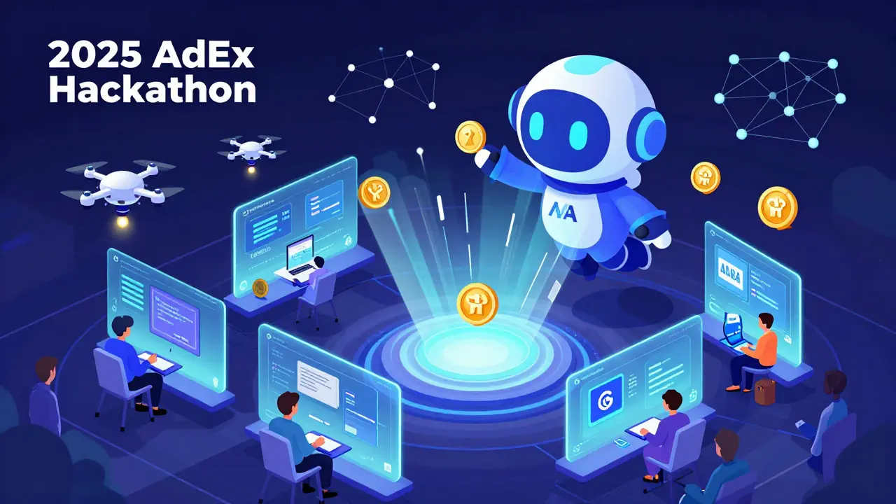 Изометрическая сцена хакатона AdEx 2025: разработчики интегрируют AURA в кошельки, а NFT-бейджи парят в воздухе.
