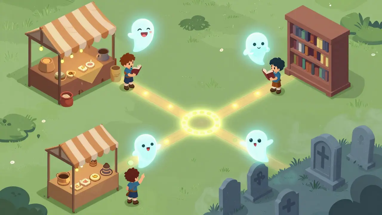 Изометрическая сцена с Когином Тоником в разных локациях игры: рынок, библиотека, кладбище.