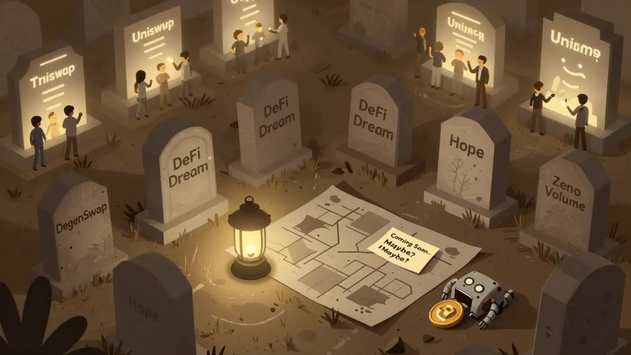 Кладбище криптопроектов с надгробьем DegenSwap и слабым фонарем над надписью &#039;Надежда&#039;.