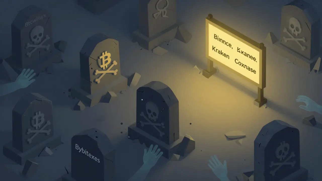 Кладбище мошеннических криптобирж с надгробиями Btcwinex и аналогов, вдали — светящиеся настоящие биржи.