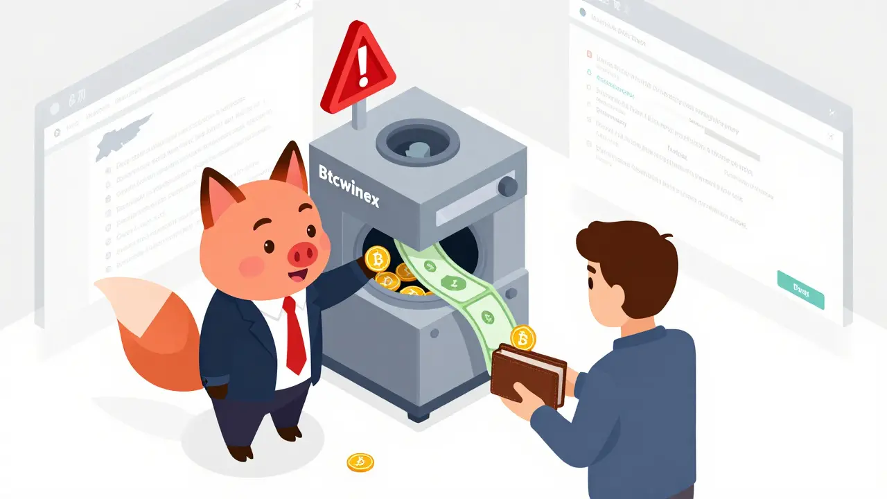 Лиса в костюме кормит пользователя мелкими биткоинами, пока большая машина уничтожает его вложения.