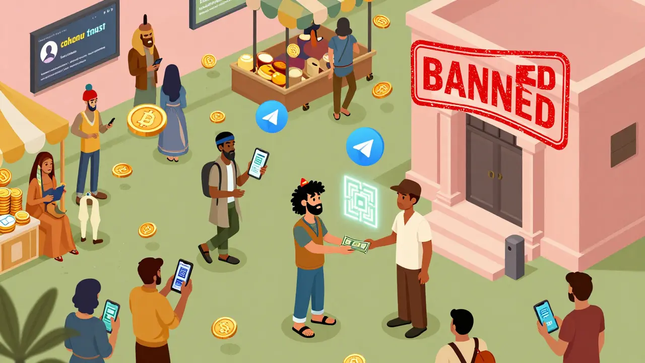 Люди на рынке обменивают наличные на криптовалюту, а над ними висит запрещающий знак.