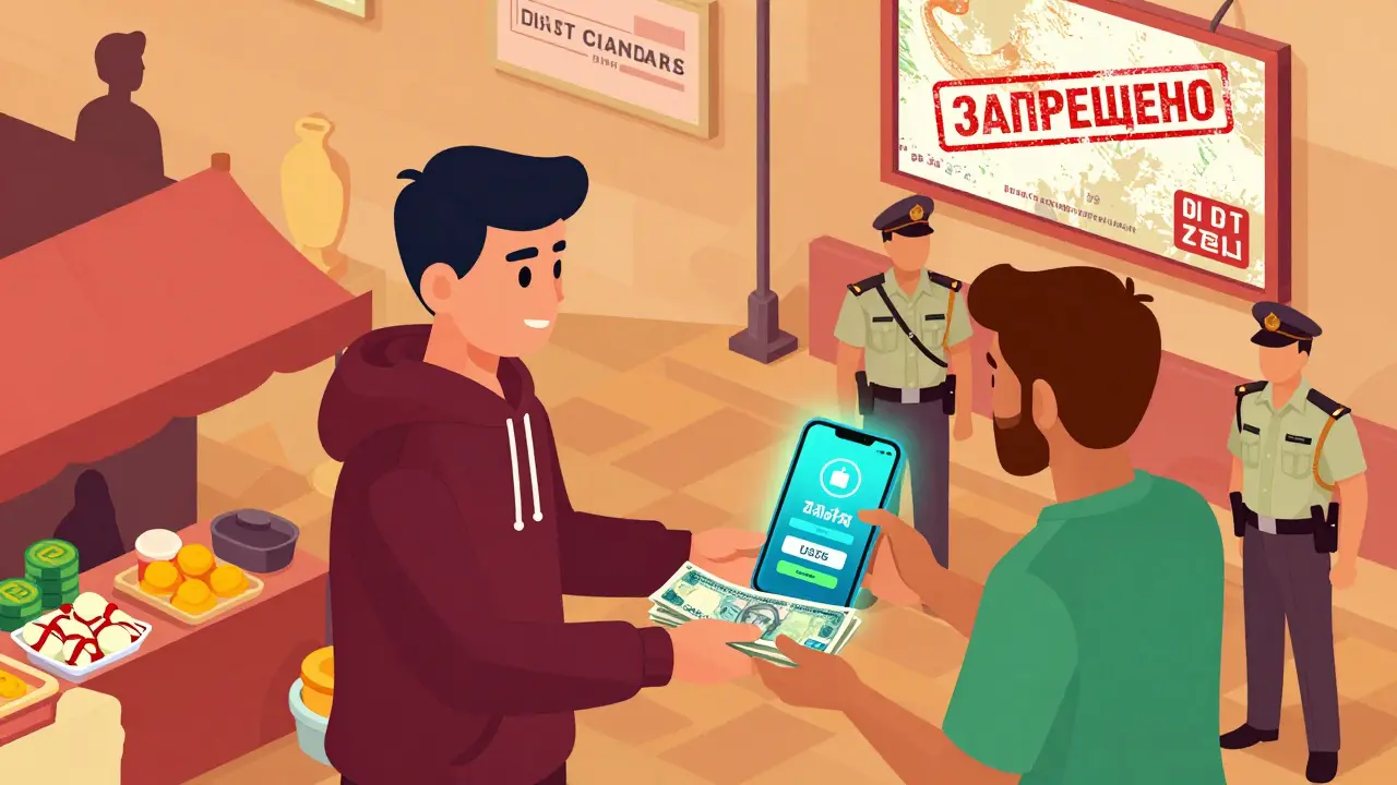 На улице в Дакке человек обменивает наличные на криптовалюту через агента, полиция игнорирует сделку.