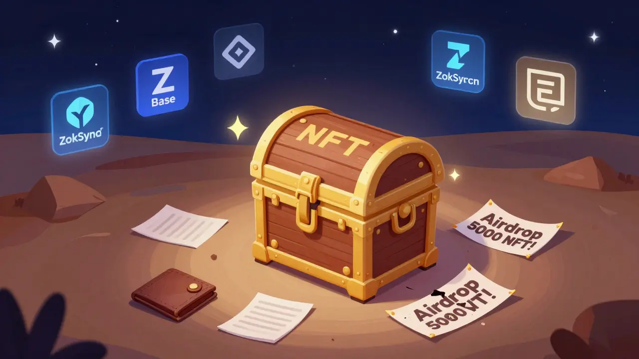 Одинокий NFT-сундук на пустом цифровом ландшафте, окруженный обломками ложных обещаний аирдропа.