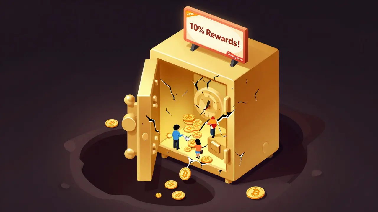 Пустой Золотой сейф течет нулевыми BNB в бездну, люди пытаются собрать их ложками.