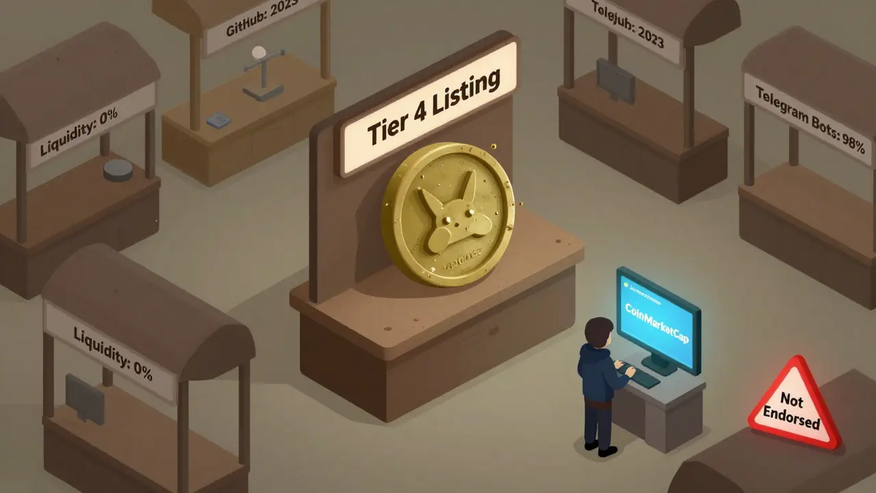 Пыльный токен GDOGE на полке с предупреждением на CoinMarketCap, вокруг — мертвые проекты и боты.