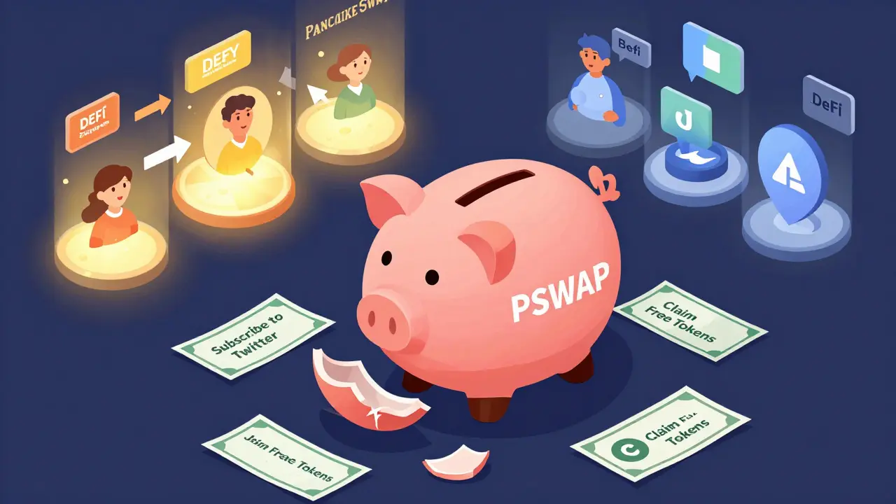 Разбитая копилка PSWAP рядом с бумажками от аирдропа, вдали — активные DeFi-проекты.