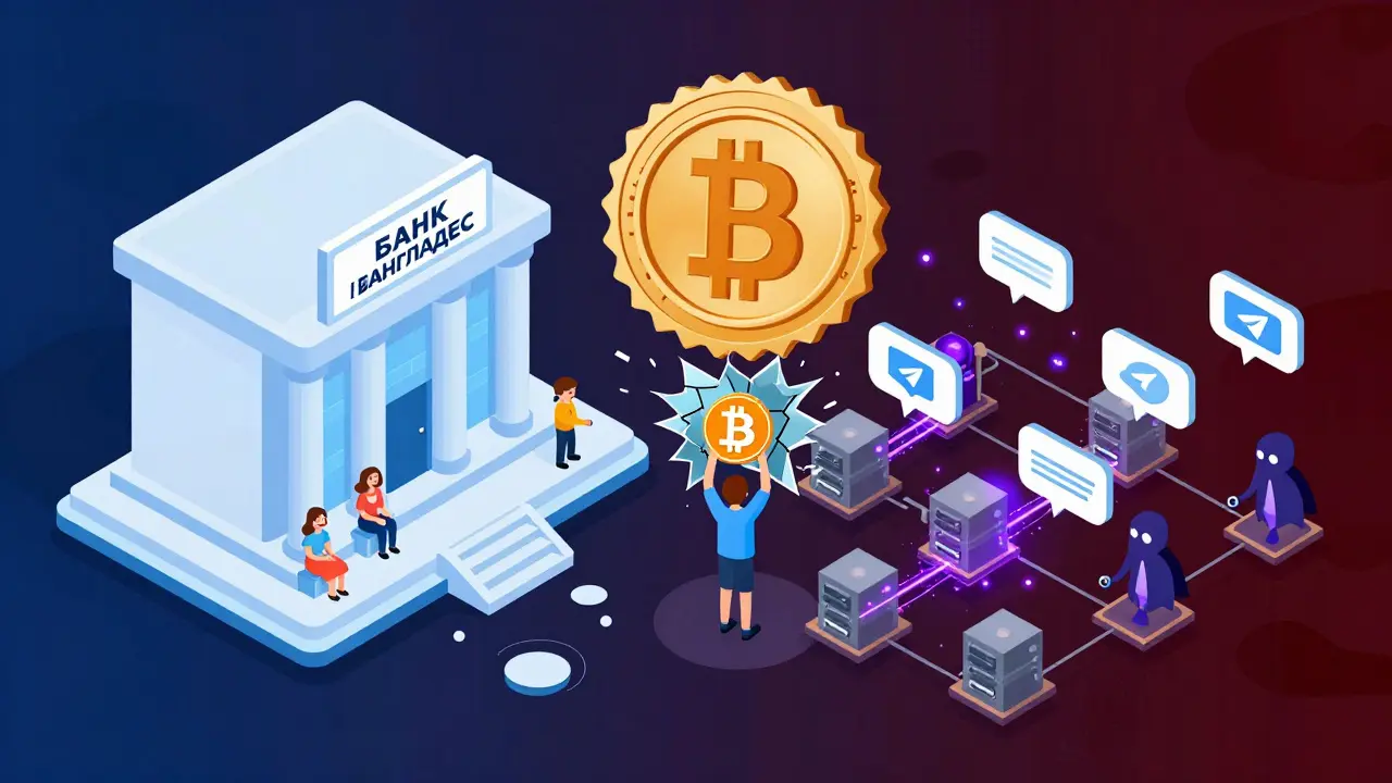 Разрушенная финансовая система: легальный банк против подпольной криптосети, молодой человек в центре с трескающимся биткоином.