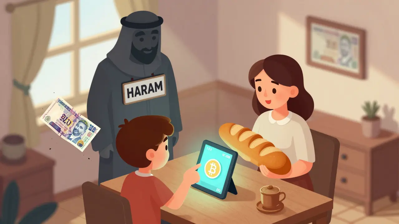 Семья смотрит на криптокошелёк с долларами, пока рядом падает обесцененный египетский фунт.