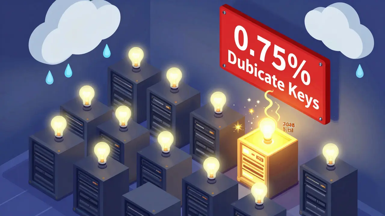 Серверы с низкой энтропией, один из них светится ярко, остальные мерцают, с предупреждением о дубликатах ключей.