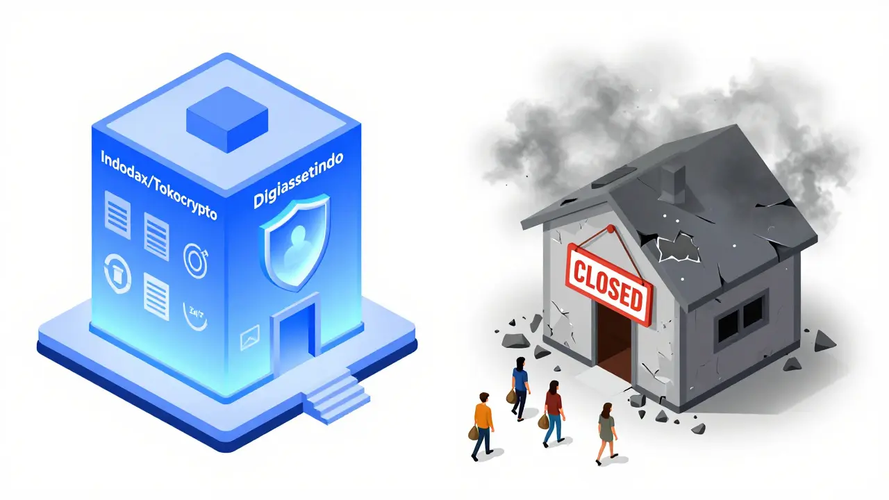 Сравнение безопасной криптобиржи и разрушающейся подозрительной платформы, пользователи уходят к надежному варианту.