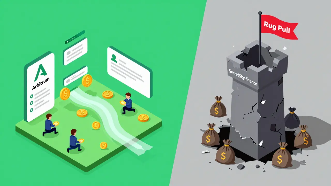 Сравнение: живой DeFi-проект и рушащаяся башня SecretSky.finance в пустоте.