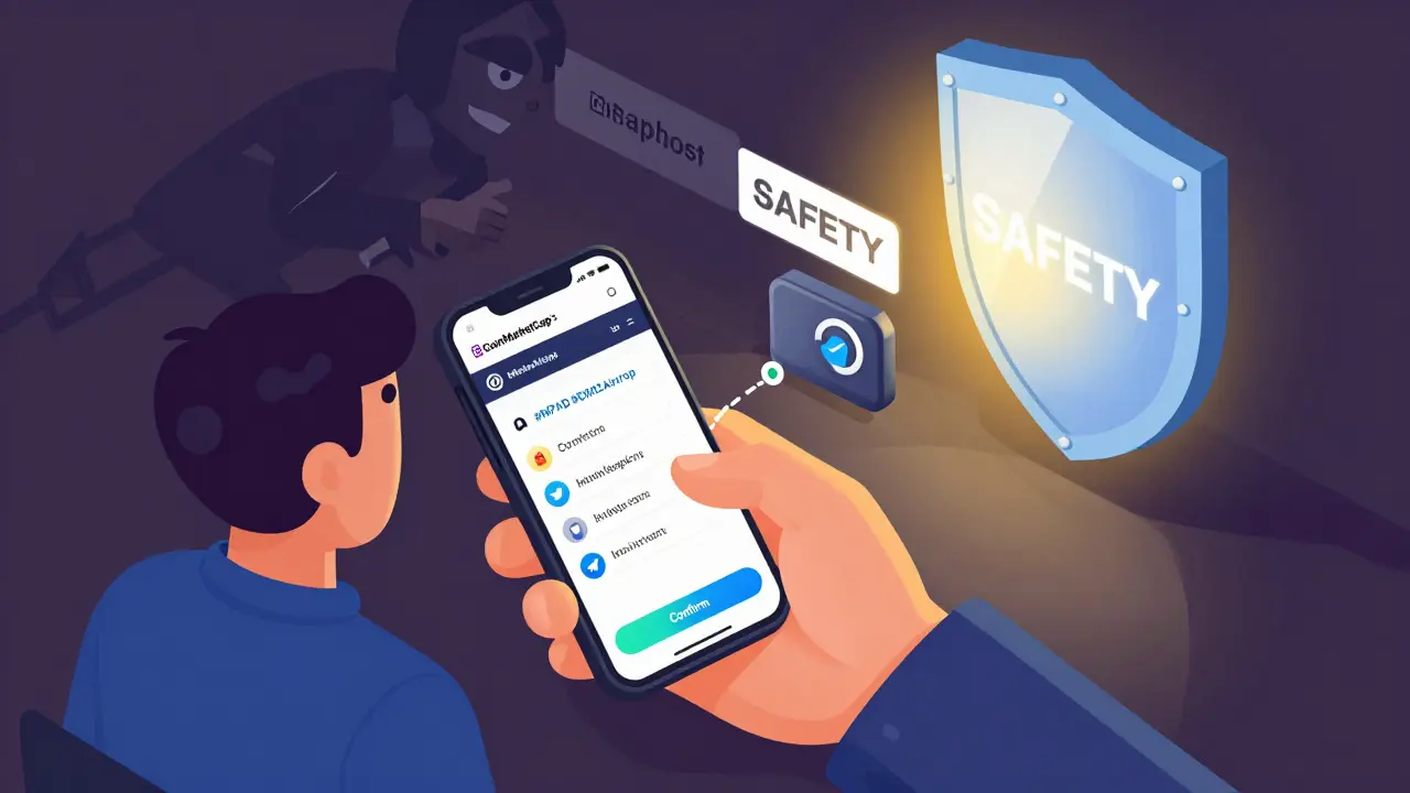 Участник заполняет форму airdrop на CoinMarketCap, защищённый щитом безопасности.