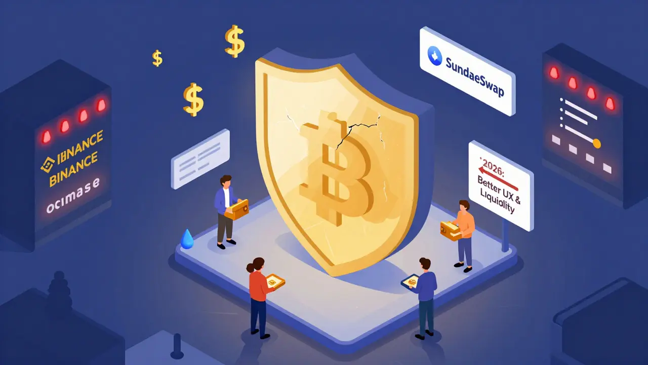Безопасный хаб SundaeSwap в сравнении с опасными централизованными биржами, с сообществом и дорожной картой.