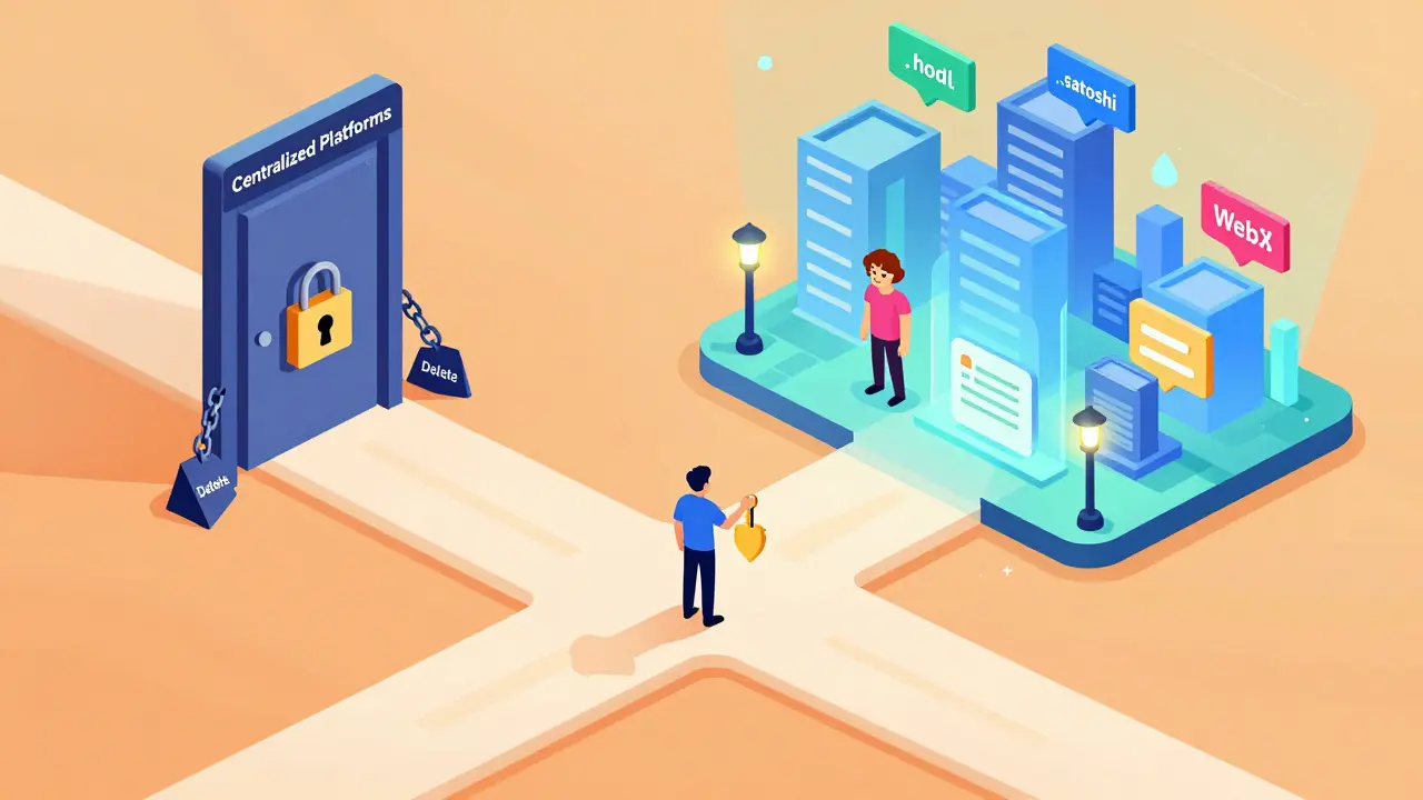 Человек стоит на перекрестке: один путь ведет к закрытой двери, другой — к яркому городу Web3 с плавающими доменами.