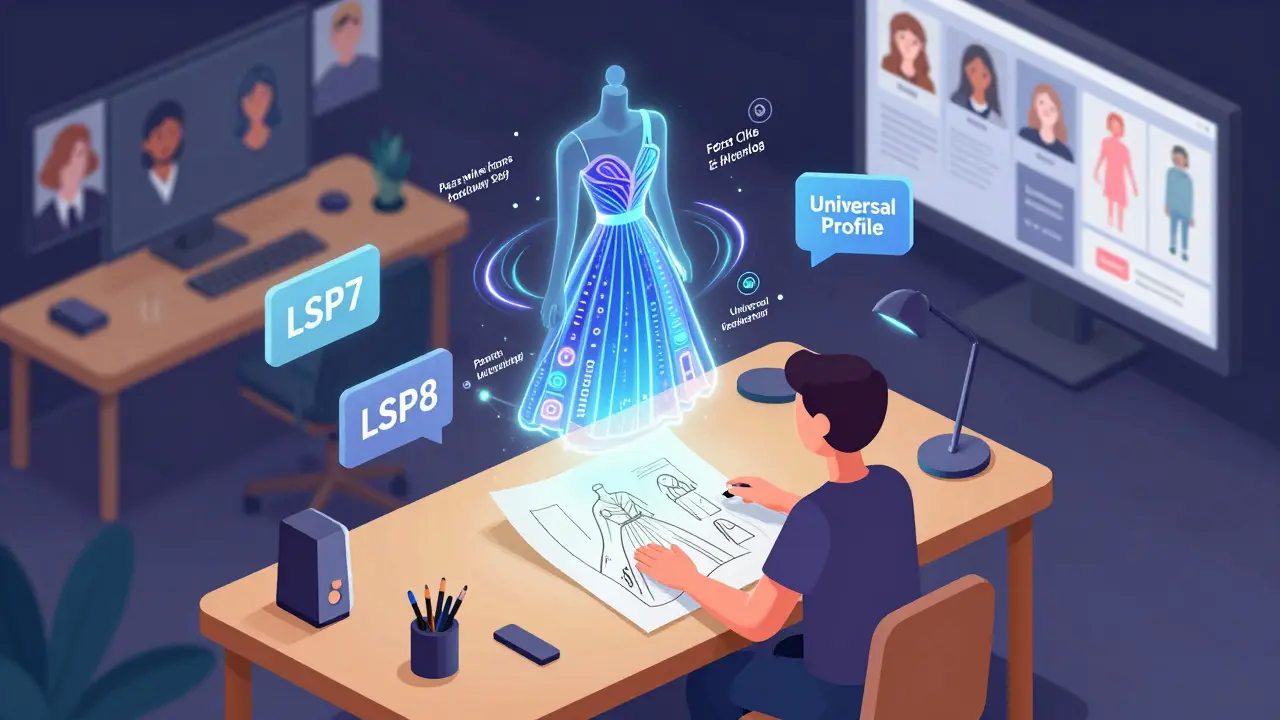 Дизайнер создаёт эволюционирующий NFT-платье с помощью стандартов LSP7 и LSP8 в интерактивной цифровой среде.