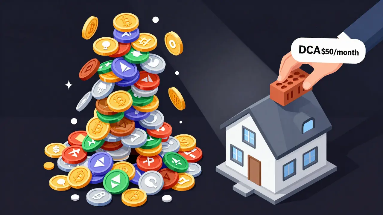 Хаотичная башня из мемкоинов рушится, в то время как устойчивый дом из биткоина, эфира и стейблкоинов строится рядом.