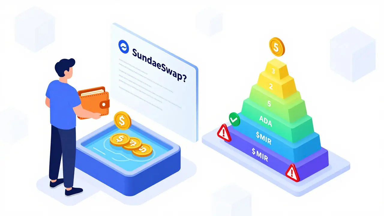 Иллюстрация системы лояльности SundaeSwap: пять уровней комиссий и обмен токенов ADA на $MIR через пул ликвидности.