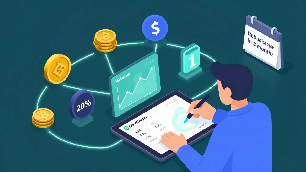 Инвестор с планшетом GoodCrypto, подключённым к кошелькам, с распределением портфеля и графиком DCA на экране.