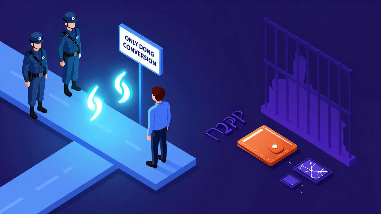 Изометрическая иллюстрация: человек выбирает между легальной криптовалютной биржей и нелегальным P2P-обменом с угрозой тюрьмы.