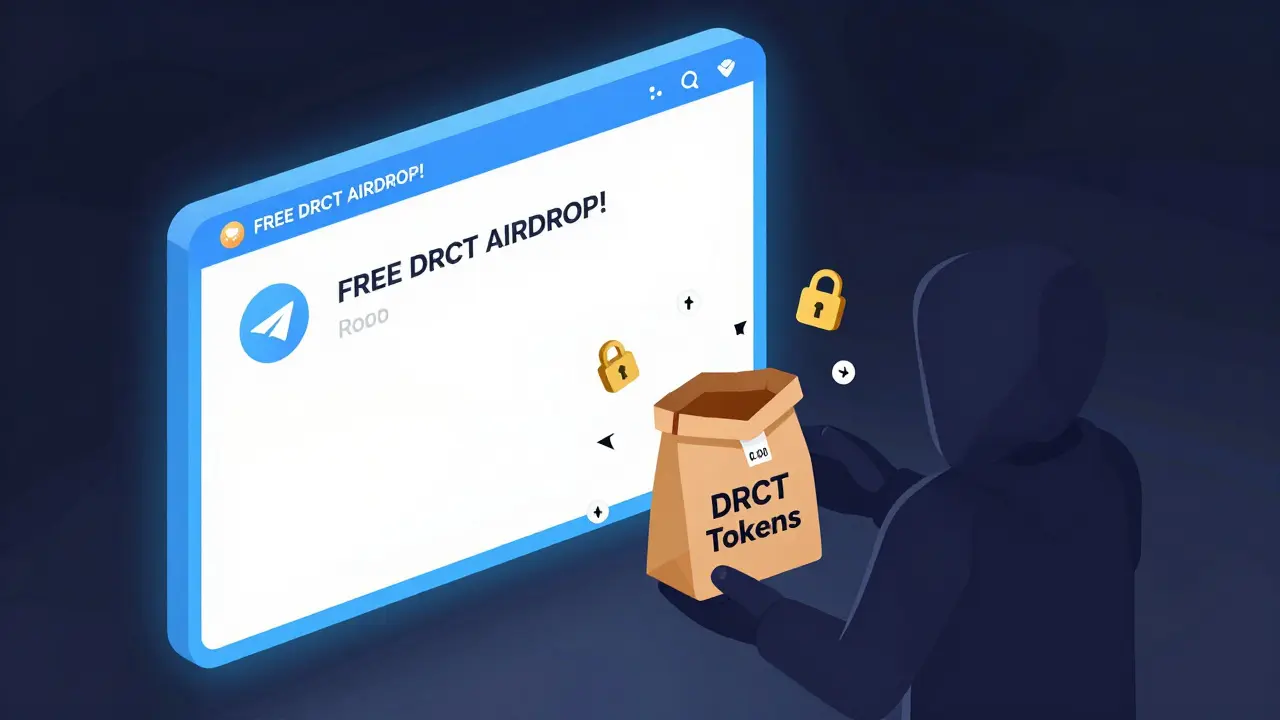 Изометрическая иллюстрация: фейковый аирдроп DRCT в Telegram, пустой мешок с токенами и скрытый мошенник.