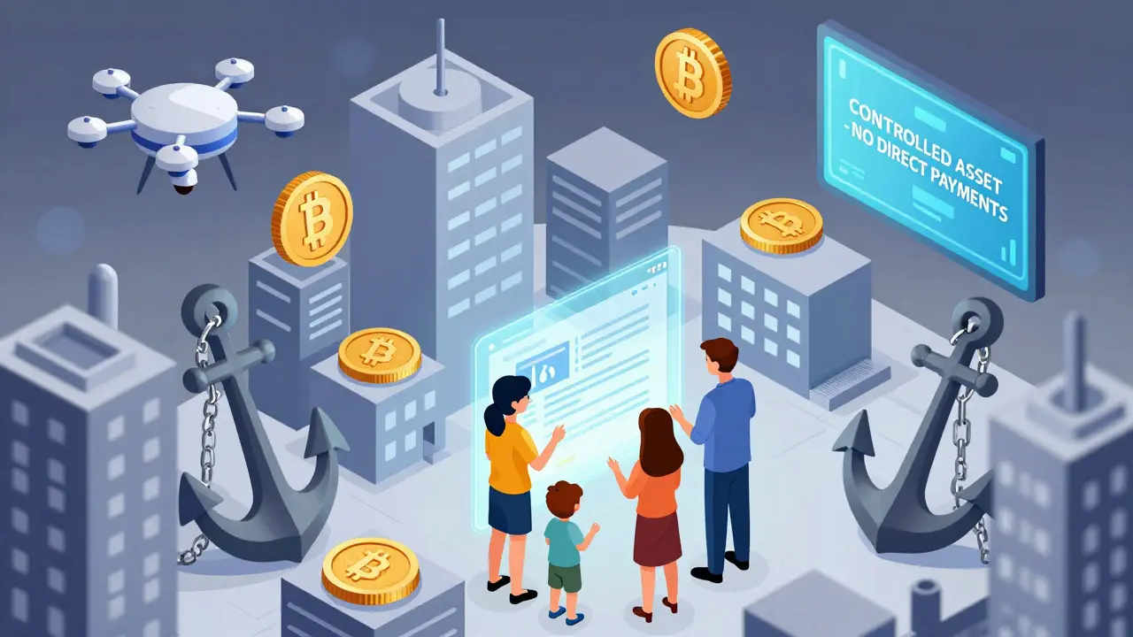 Изометрическая иллюстрация: город с криптовалютами, закреплёнными якорями донгов, семья наследует биткоин под наблюдением государства.