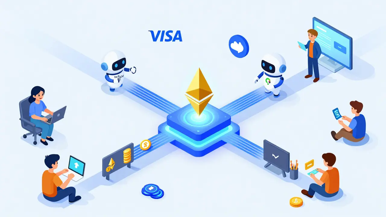 Изометрическая иллюстрация: компании и пользователи используют Rollup-мосты для быстрых транзакций в экосистеме Ethereum.