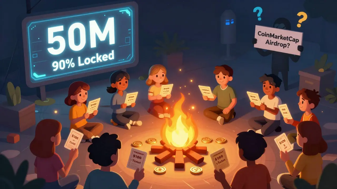 Изометрическая иллюстрация: сообщество вокруг костра из токенов THOREUM, получает билеты на розыгрыш Lamborghini, на фоне цифрового счетчика.