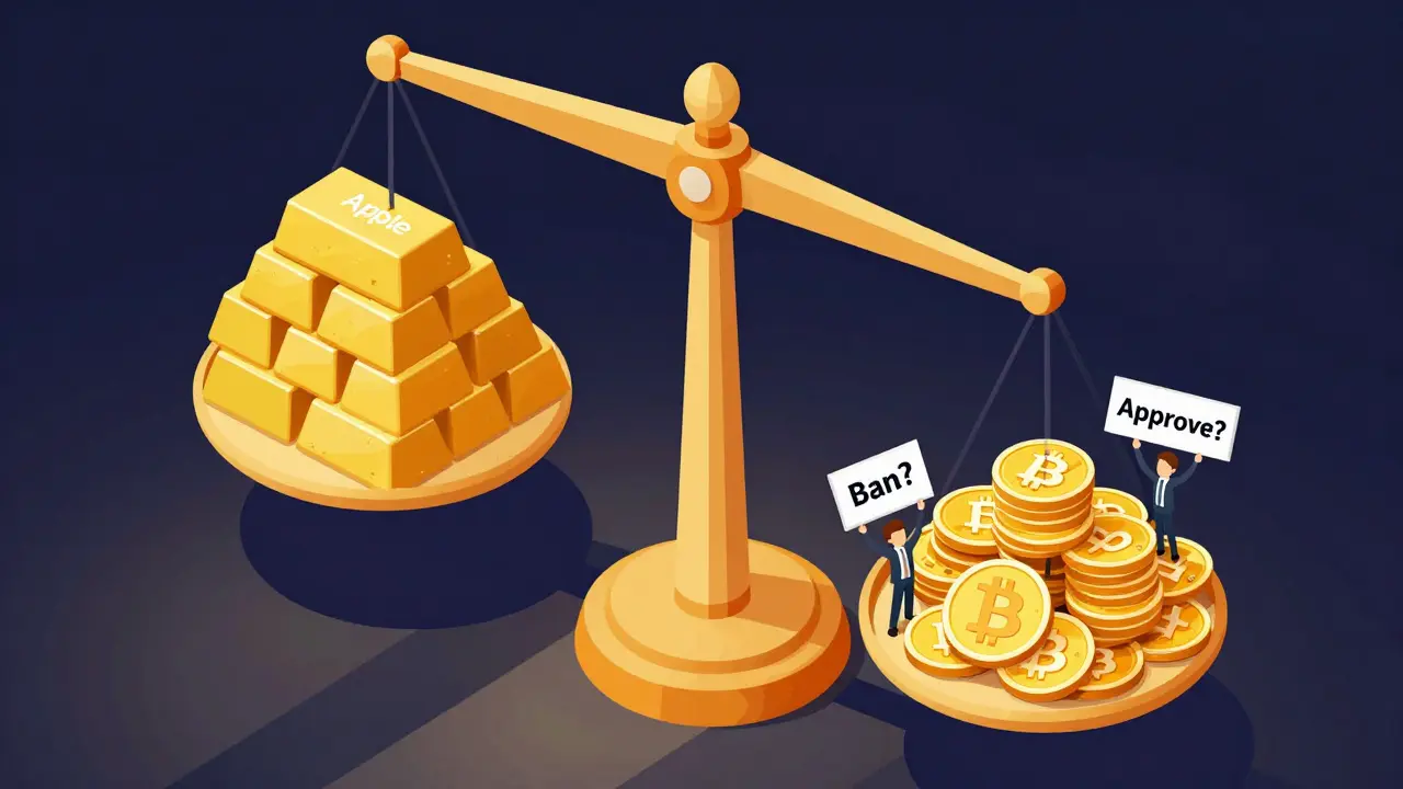 Изометрическая иллюстрация весов: акции Apple против криптовалют под давлением регуляторов.