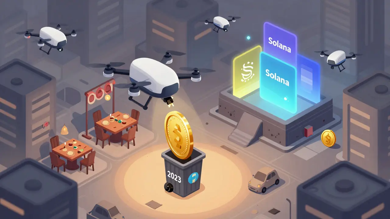 Изометрическая иллюстрация: заброшенный город DRCT против оживленного города TON и Solana с реальными токенами.