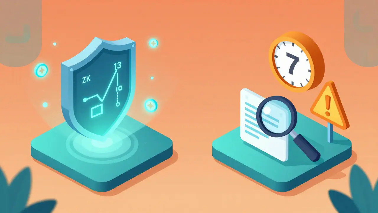 Изометрическая иллюстрация: ZK-Rollup с математическим доказательством и Optimistic Rollup с таймером проверки 7 дней.