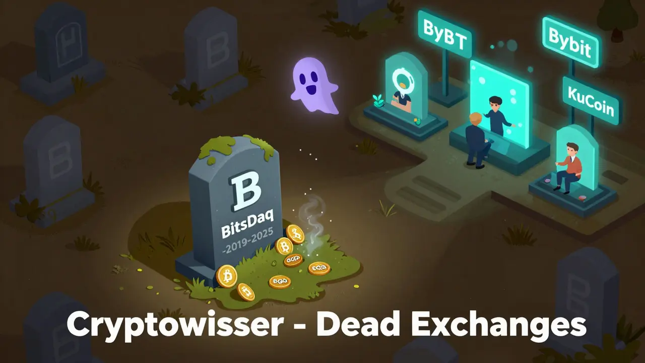 Кладбище закрытых бирж: над могилой Bitsdaq парит призрачный токен BQQQ, вдалеке — живые биржи.