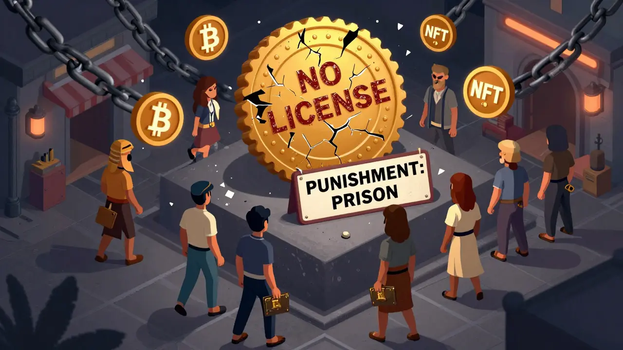 Люди скрывают криптовалюты, а над ними — запрещающий государственный знак.