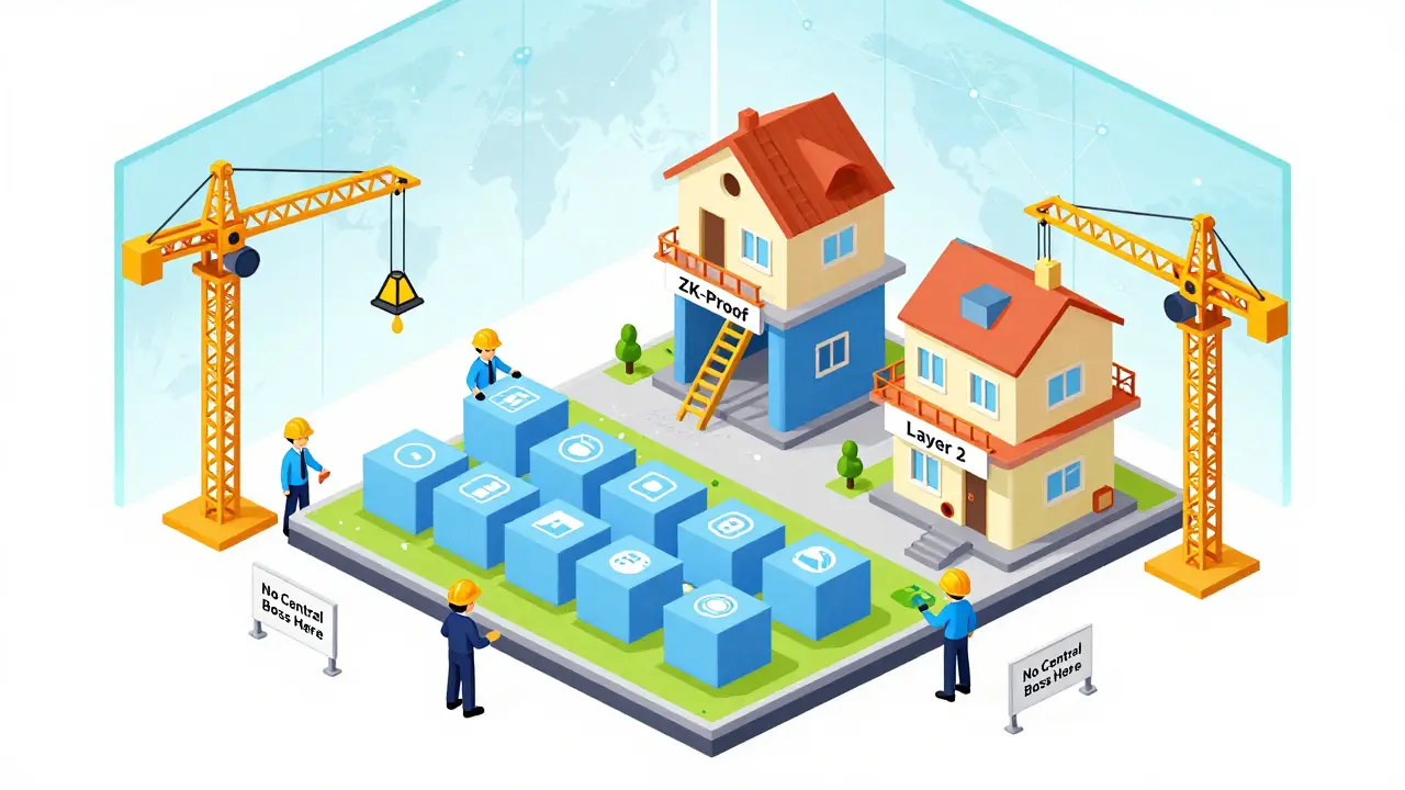 Модульная архитектура блокчейна как строительная площадка с Celestia в основании и Layer 2 модулями.