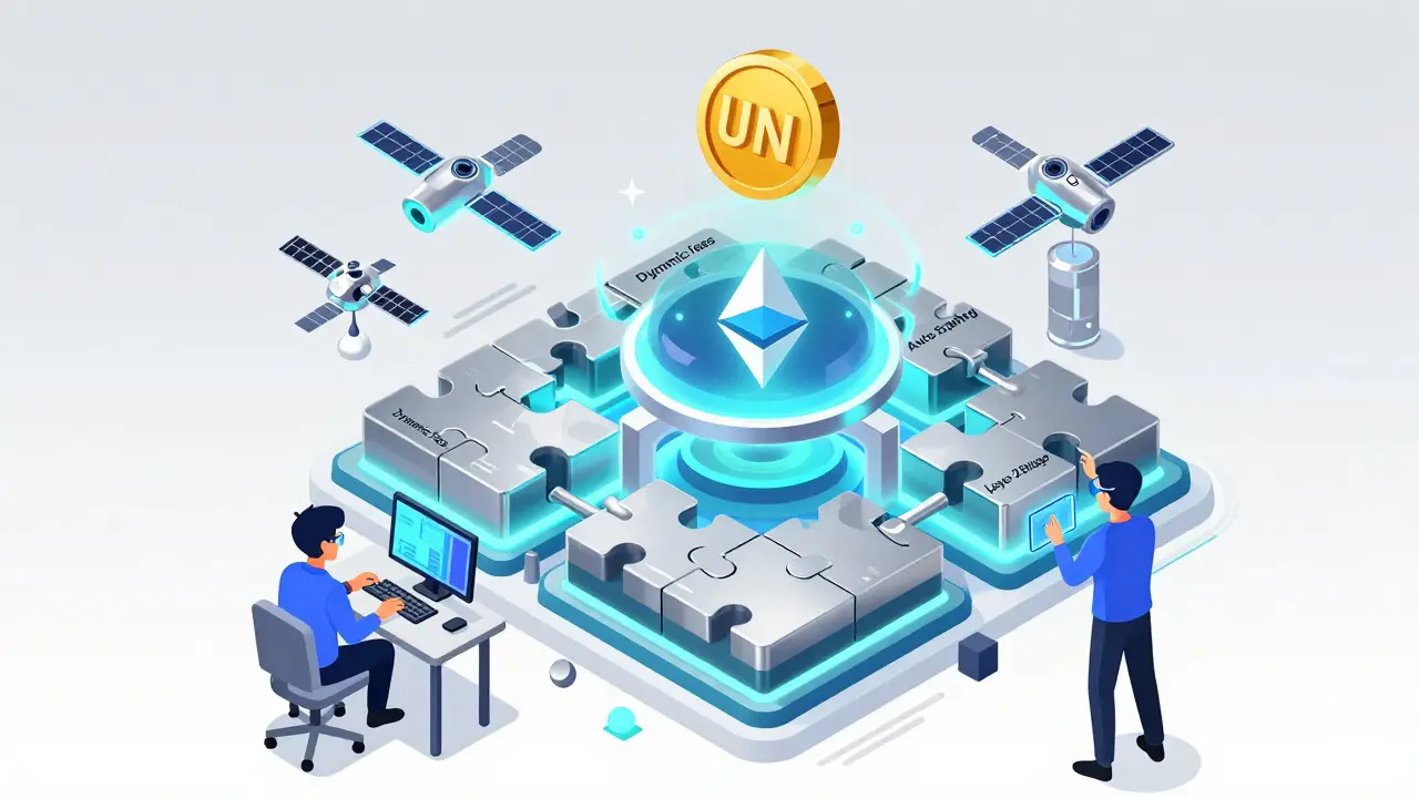 Модульная система Uniswap V4 с настраиваемыми пулами и сетями Layer-2 в изометрическом стиле.