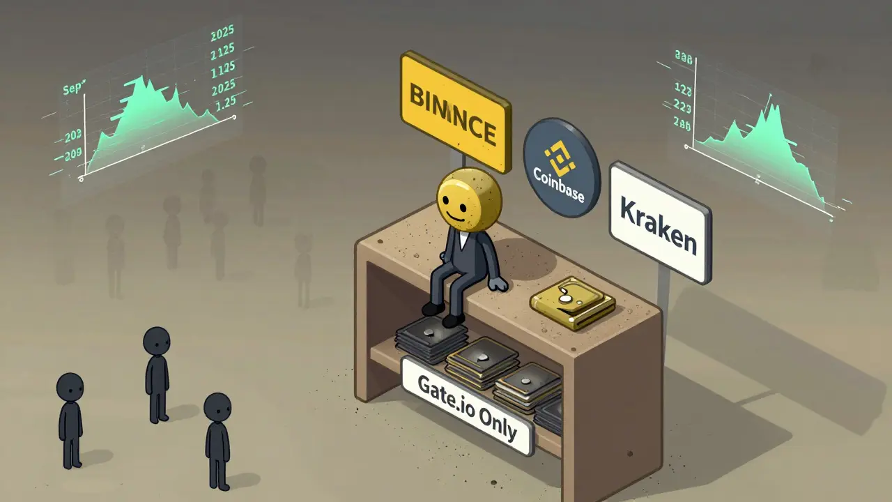 Одинокий токен BRAWL на полке с пустыми кошельками и разбитыми знаками крупных бирж.