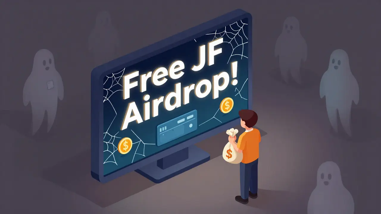 Пользователь держит токены JF с ценой <h2>Что с платформой Jswap.Finance сейчас?</h2> перед рекламой бесплатного аирдропа в изометрическом стиле.