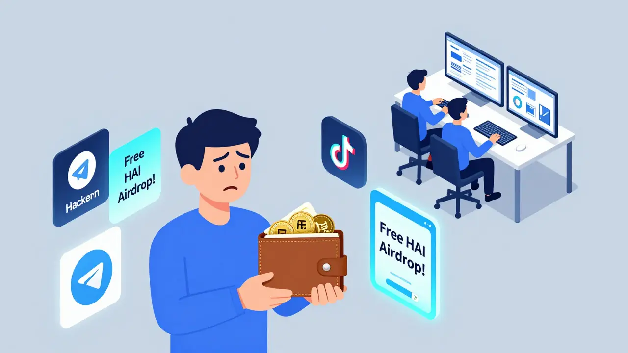 Пользователь с пустым кошельком окружен фейковыми объявлениями о бесплатном аирдропе HAI.