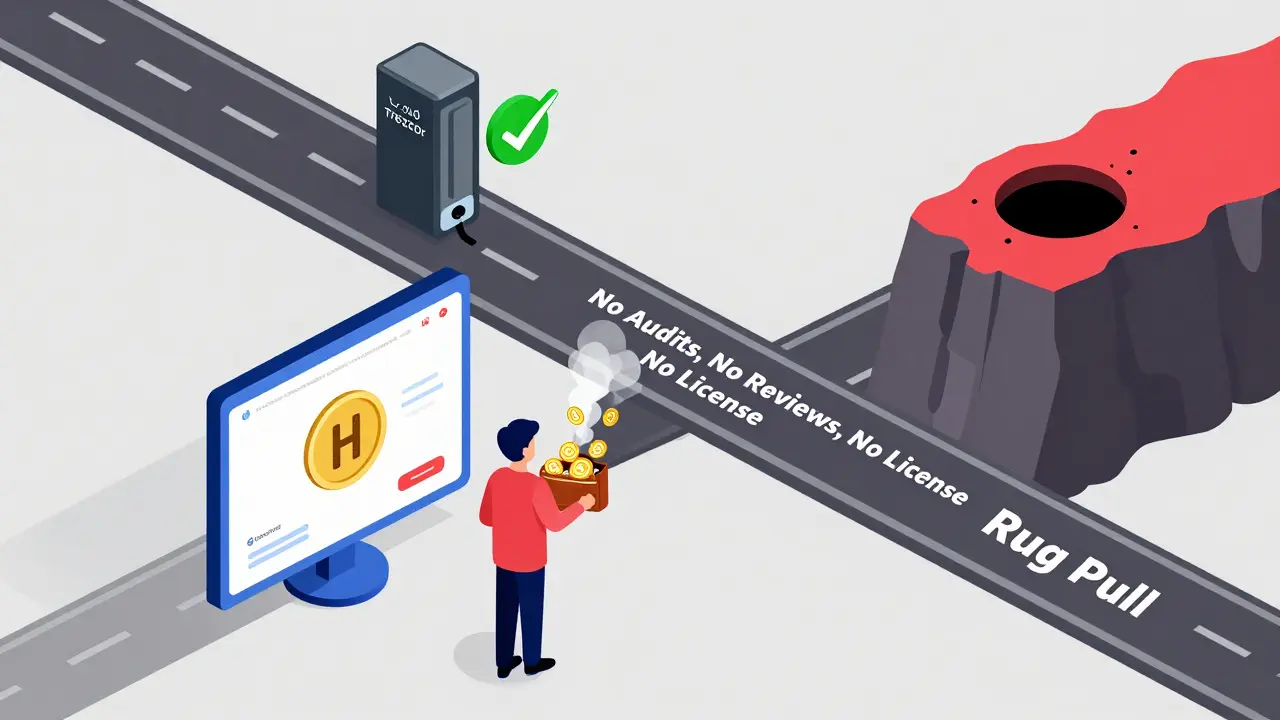 Пользователь смотрит на экран HCoin, где монеты исчезают в черной дыре, а дорога ведет к холодному кошельку или обрыву.